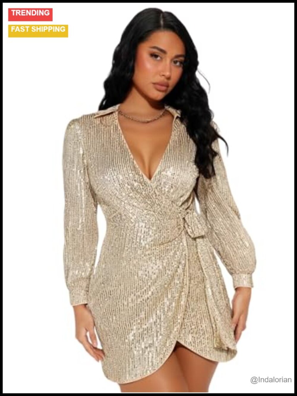 Sequin Mini Dress Long Sleeve V Neck Bodycon Party Prom Glitter Dress